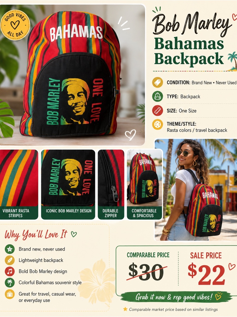 Bahamas Rasta Stripe Backpack - Red/Yellow/Green/Black
